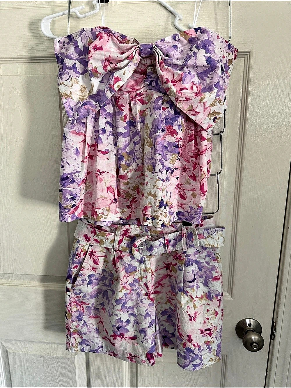 Express Floral Belted two piece set (strapless top, with shorts) in Purple & Pin
